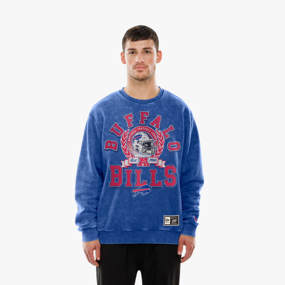 New Era Buffalo Bills royal wash crewneck with vintage helmet and heritage graphic