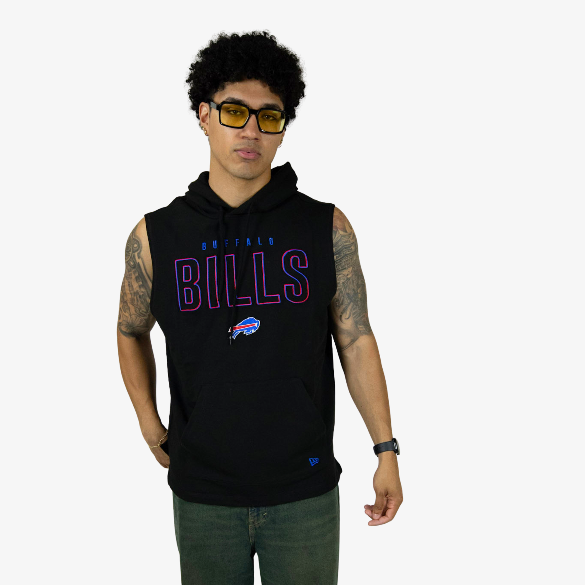 A man modeling a black sleeveless hoodie with 'BUFFALO BILLS' text and a buffalo logo on the chest, set against a plain light gray background.