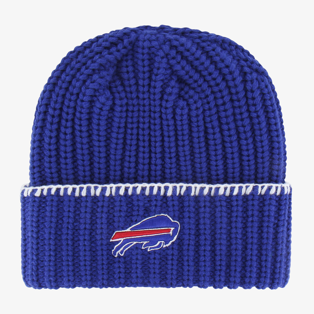 '47 Brand women's Buffalo Bills royal blue cable knit beanie featuring an embroidered charging buffalo logo, folded cuff, and white stitch detailing.