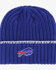 '47 Brand women's Buffalo Bills royal blue cable knit beanie featuring an embroidered charging buffalo logo, folded cuff, and white stitch detailing.