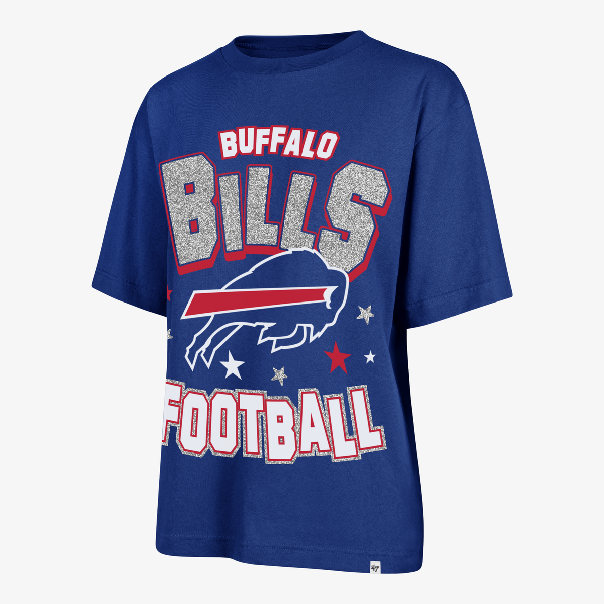 '47 Brand women's Buffalo Bills royal blue graphic t-shirt featuring silver glitter-style BILLS lettering, large charging buffalo logo, red and white stars, and FOOTBALL text.