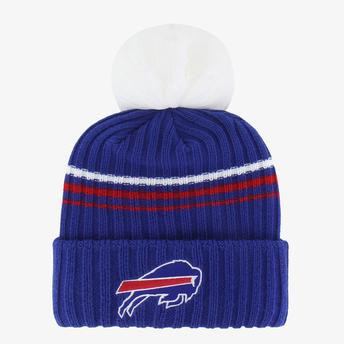 '47 Brand Women's Buffalo Bills Royal Blue Striped Faux Fur Pom Cuffed Knit Beanie