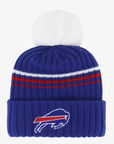 '47 Brand Women's Buffalo Bills Royal Blue Striped Faux Fur Pom Cuffed Knit Beanie