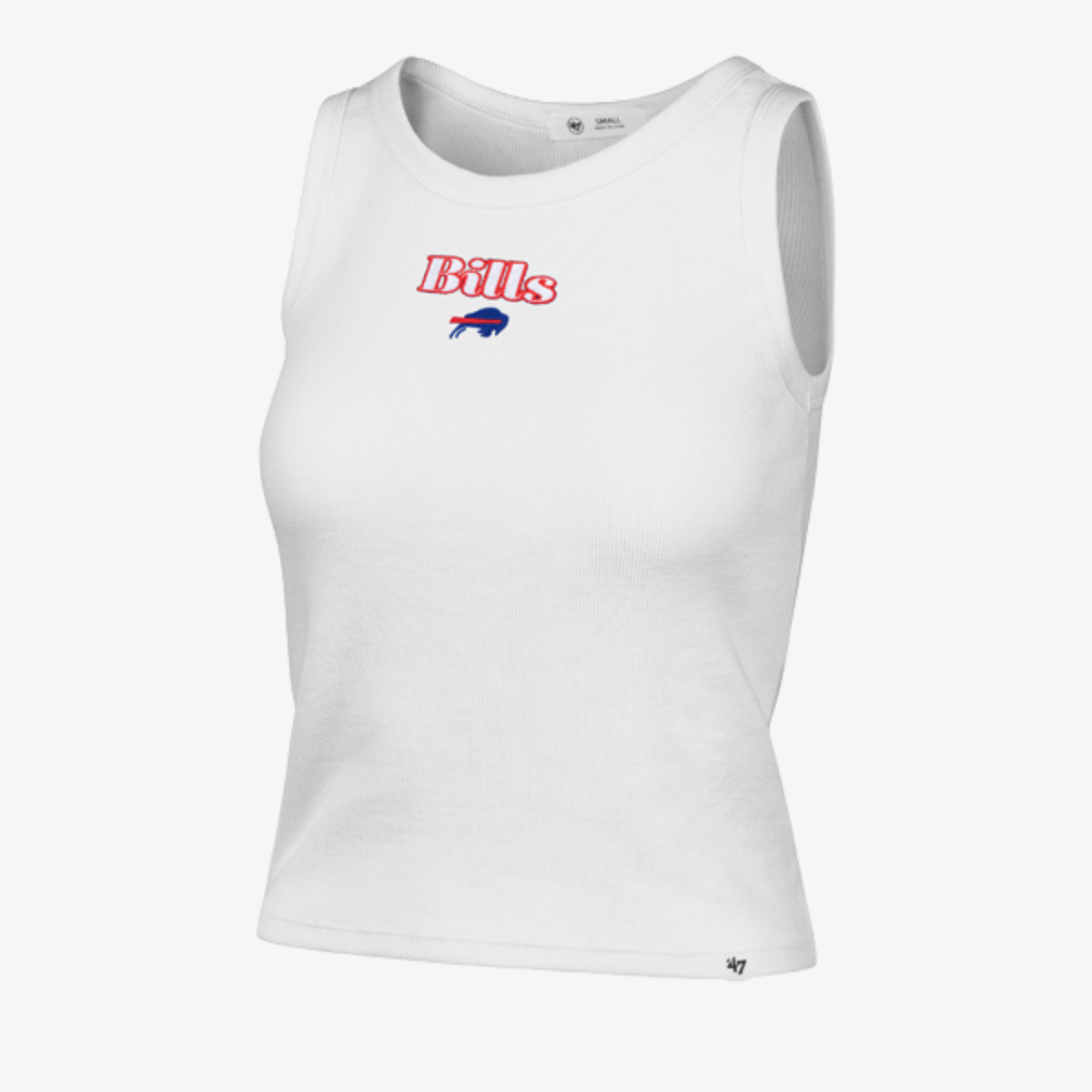 '47 Brand Buffalo Bills women's white ribbed tank top featuring small red Bills script lettering, charging buffalo logo, scoop neckline, and fitted silhouette.