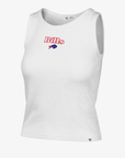 '47 Brand Buffalo Bills women's white ribbed tank top featuring small red Bills script lettering, charging buffalo logo, scoop neckline, and fitted silhouette.