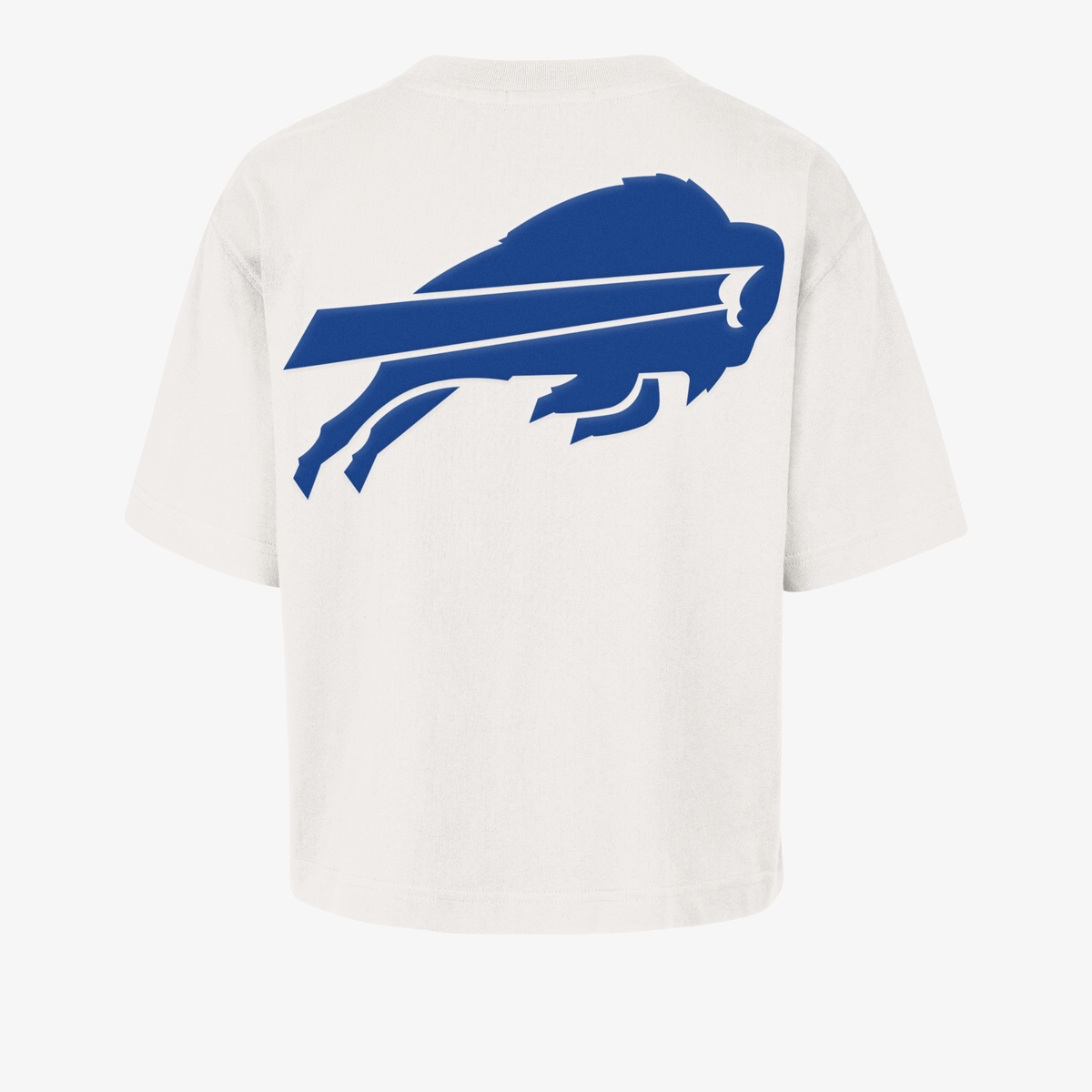 Back of '47 Brand Buffalo Bills women's cream cropped T-shirt featuring an oversized royal blue charging buffalo logo.