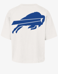 Back of '47 Brand Buffalo Bills women's cream cropped T-shirt featuring an oversized royal blue charging buffalo logo.