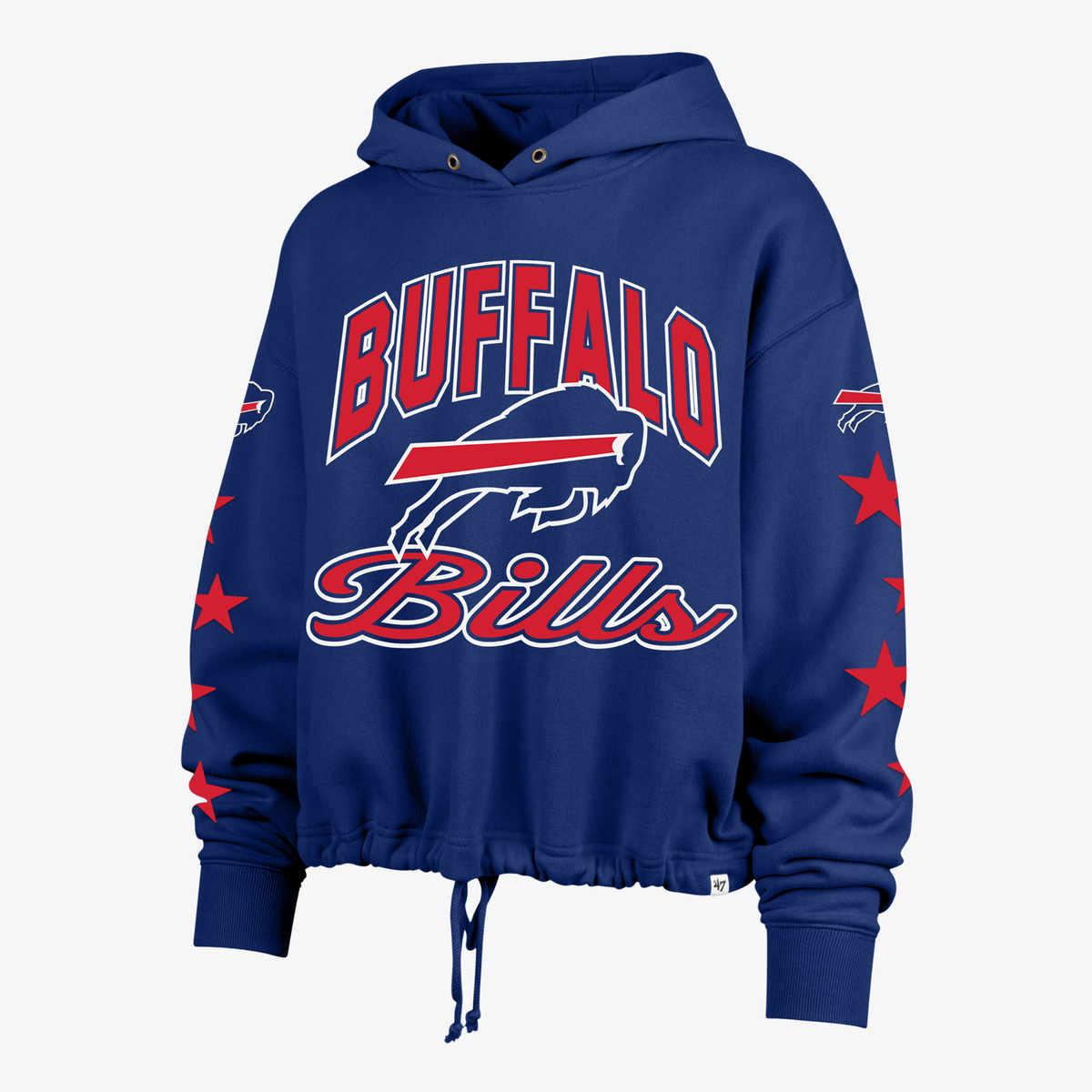 '47 Brand Buffalo Bills women's royal blue cropped hoodie featuring oversized Buffalo Bills graphics, red stars on both sleeves, and an adjustable drawstring hem.