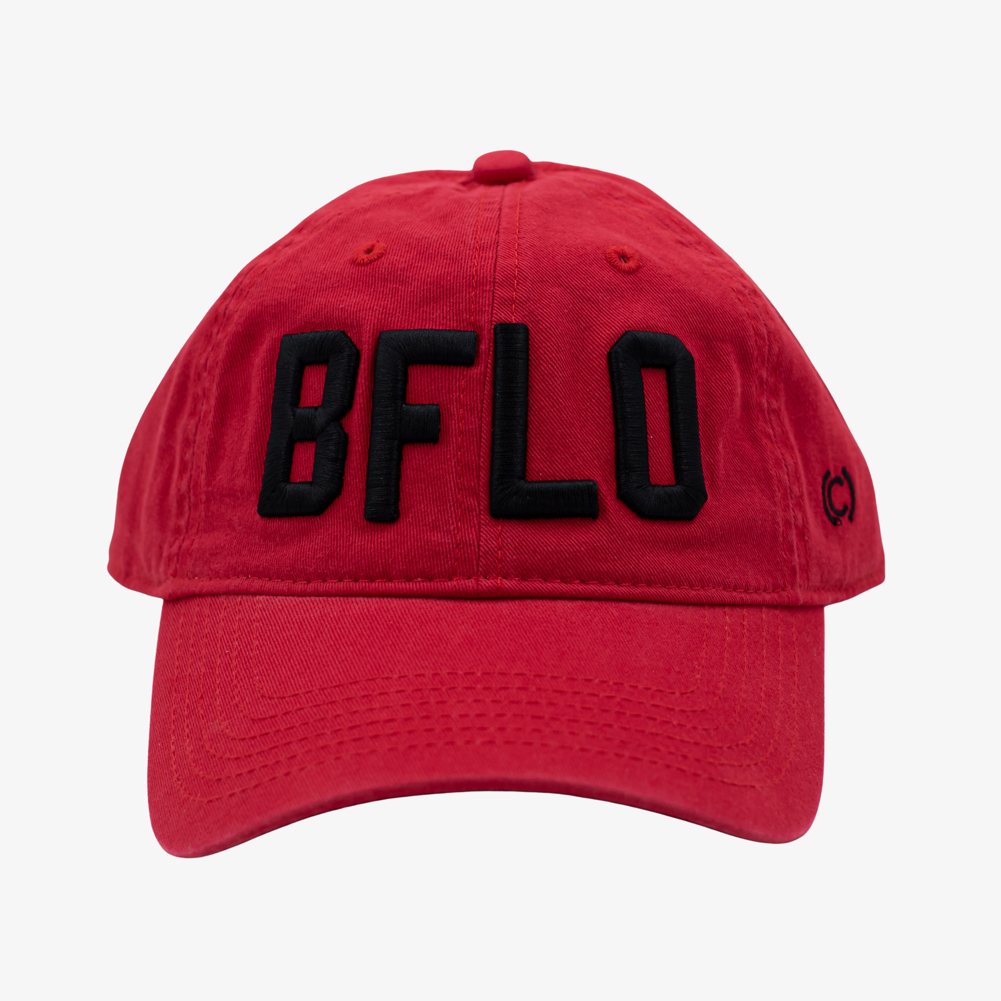 Red cap with 'BFLO' in black on a white background