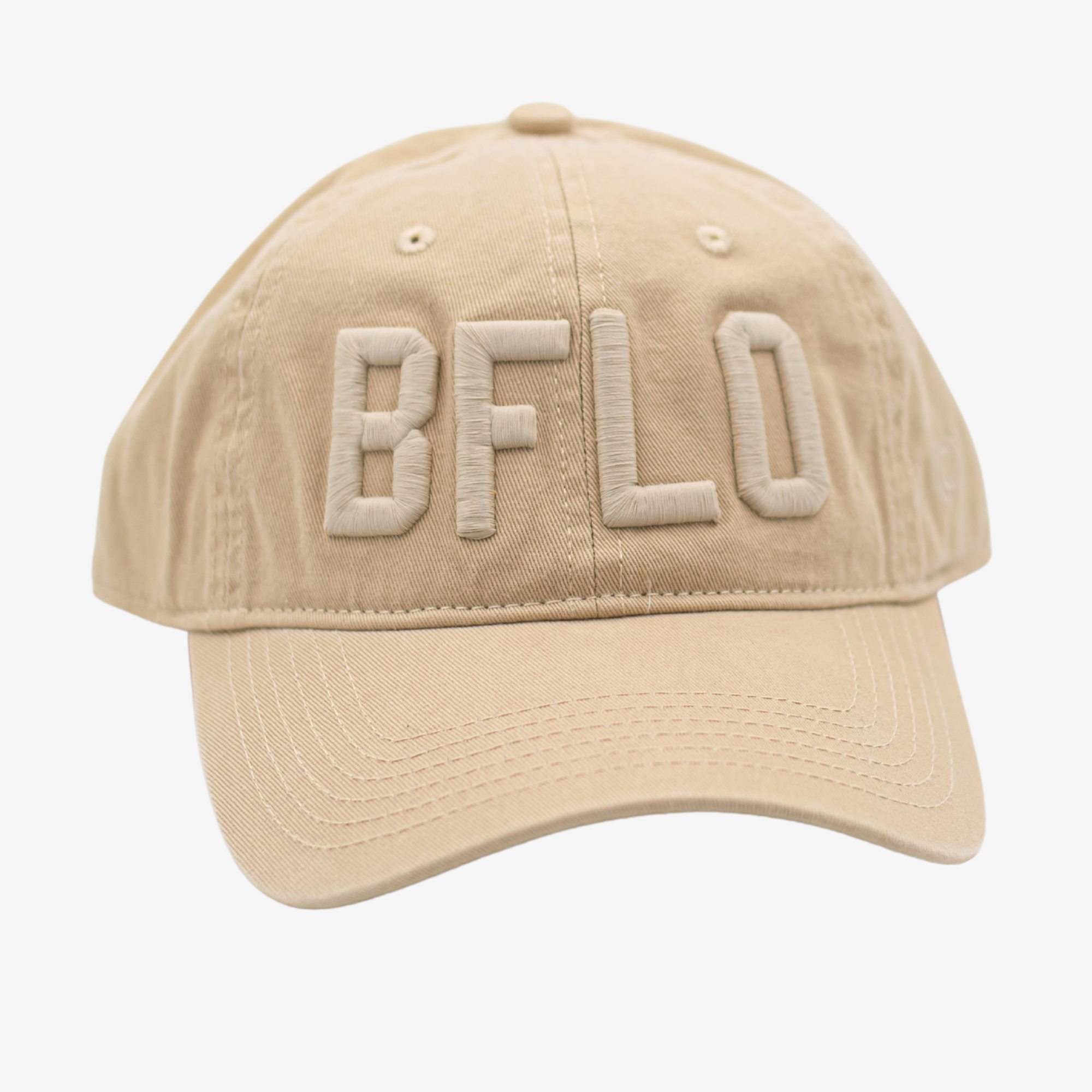 Beige cap with 'BFLD' text on a white background