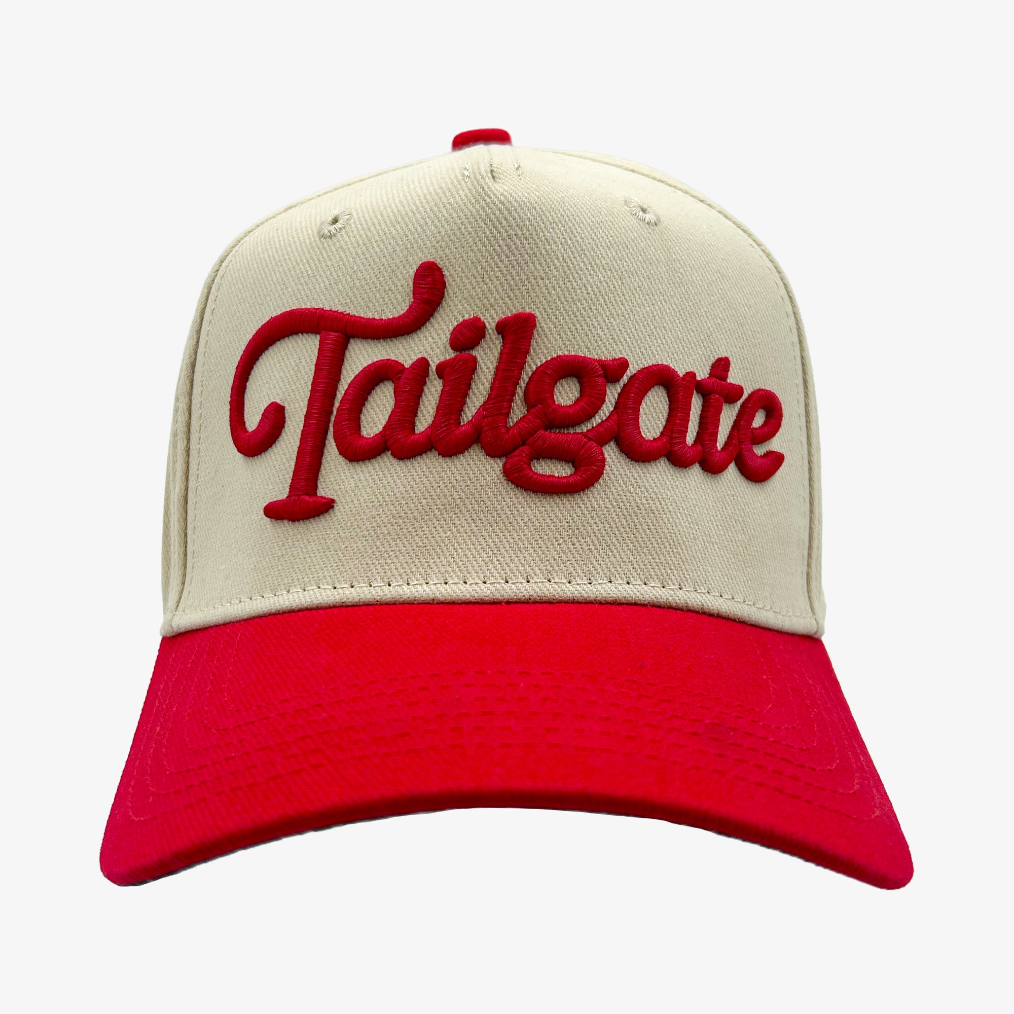 A baseball cap with an off-white crown and a bright red brim, featuring the word 'Tailgate' embroidered in red script across the front.