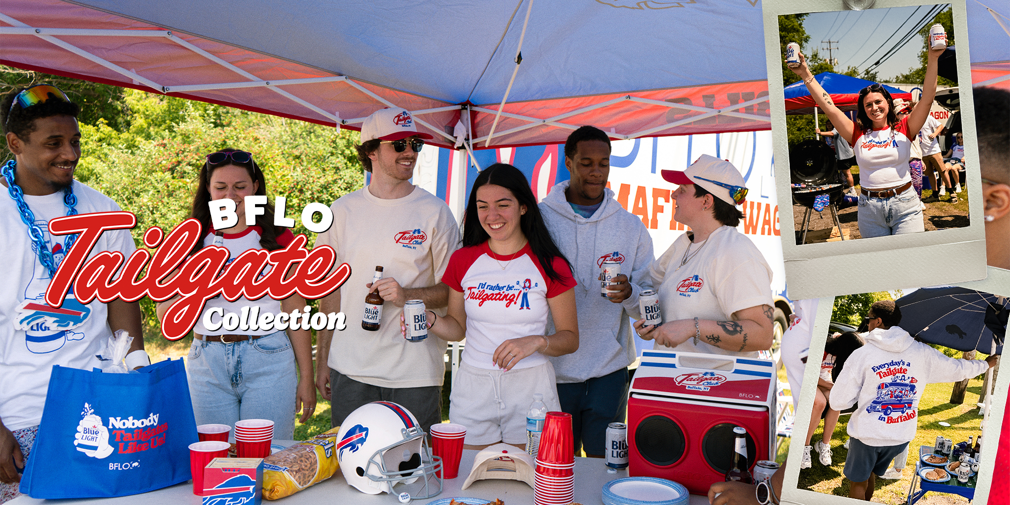People at a tailgate event with 'BFLO Tailgate Collection' branding.