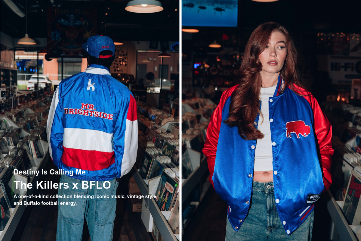 promo graphic with guy and girl wearing killers x bflo collab jacket. text showing destiny is calling me the killers x bflo  one of a kind collection blending iconic music vintage style and buffalo football energy