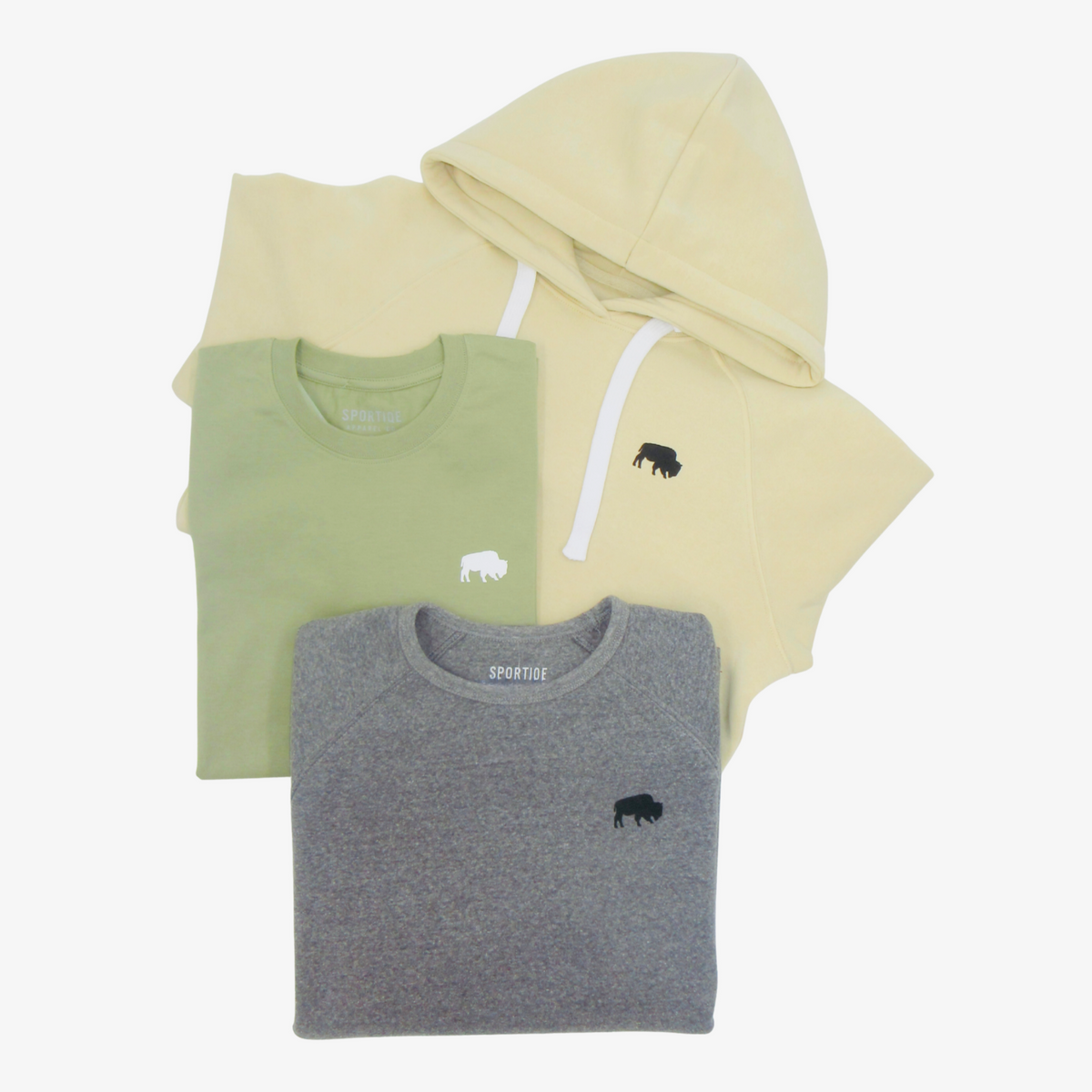 yellow hoodie with black buffalo on left chest, green tshirt with black buffalo on lest chest, heather gray crewneck with black buffalo on lest chest