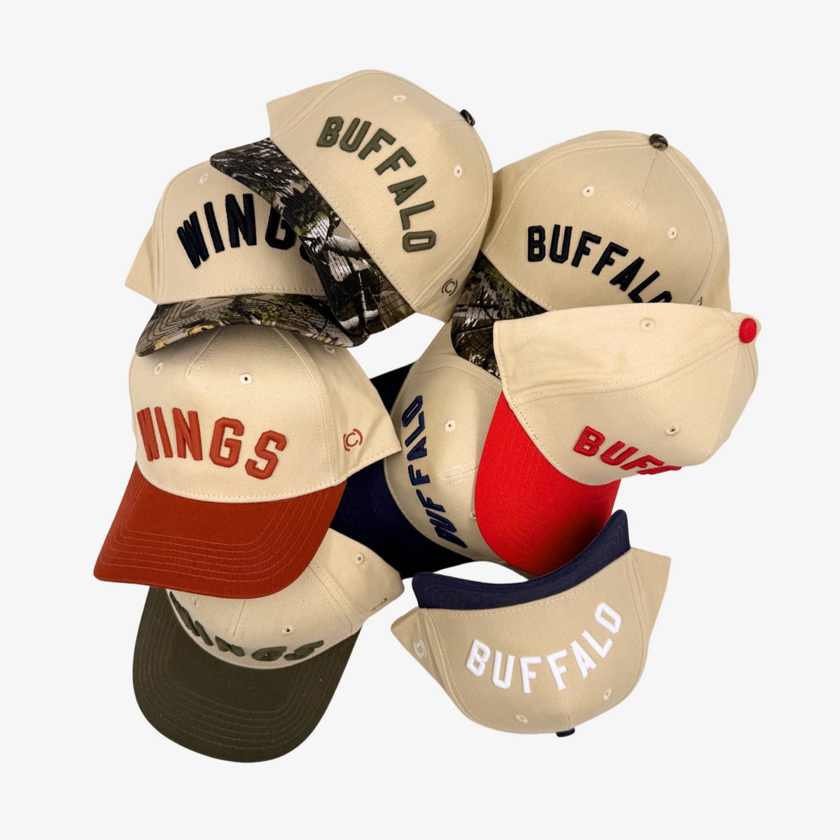 collage of buffalo wordmark hats