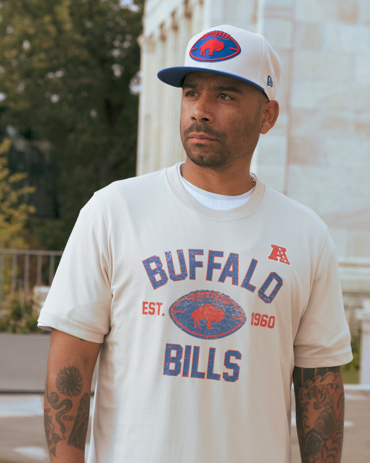 man wearing buffalo bills 3rd down historic apparel