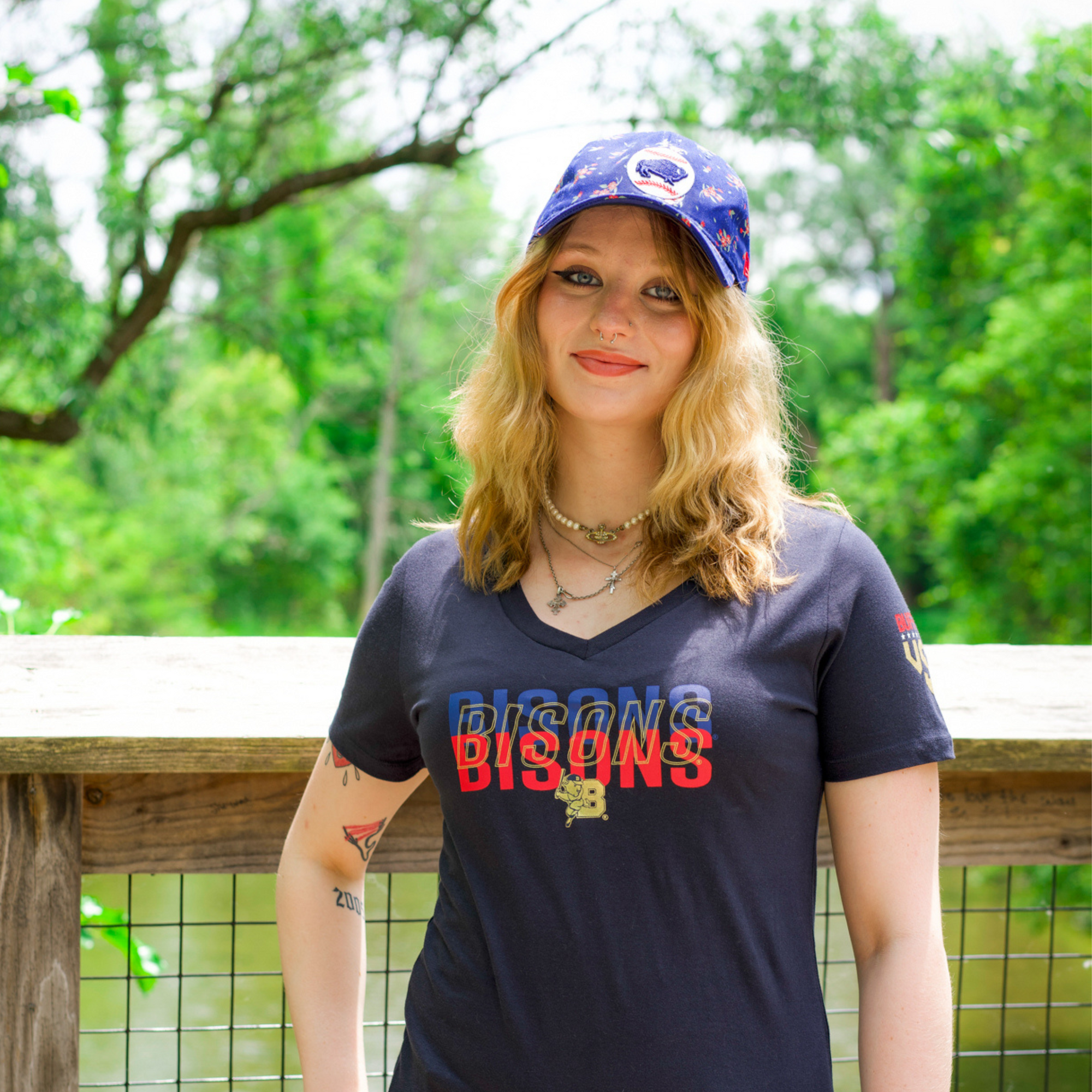 woman wearing buffalo bisons apaprel