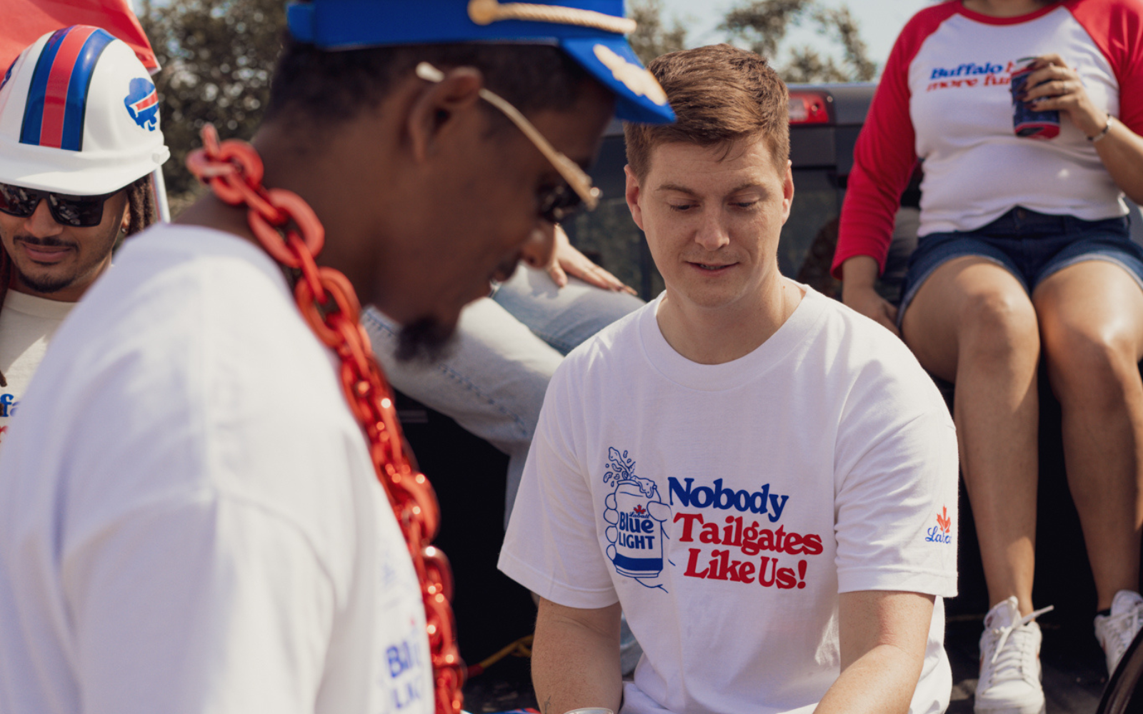 photo at a tailgate of a group wearing buffalo tailgate apparel