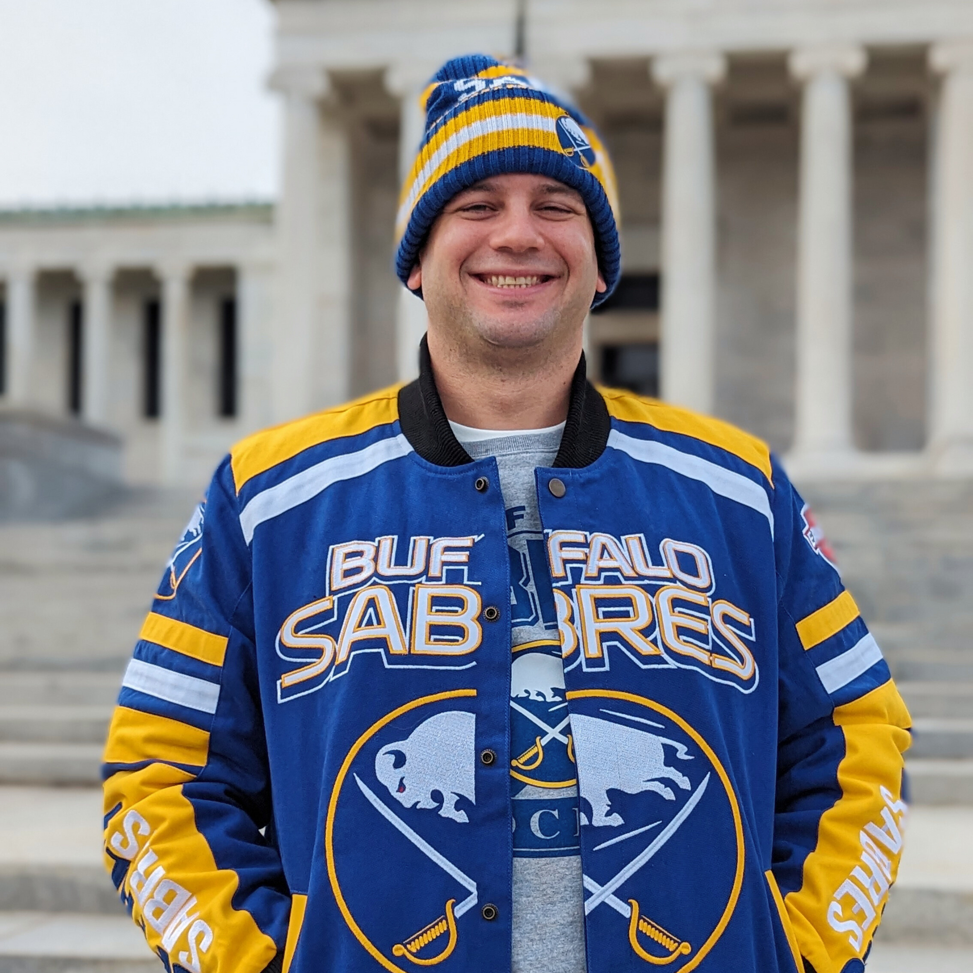 man wearing buffalo sabres apparel