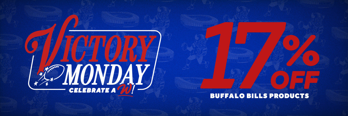 promotional banner victory monday celebrate a w. 17% off buffalo bills products.