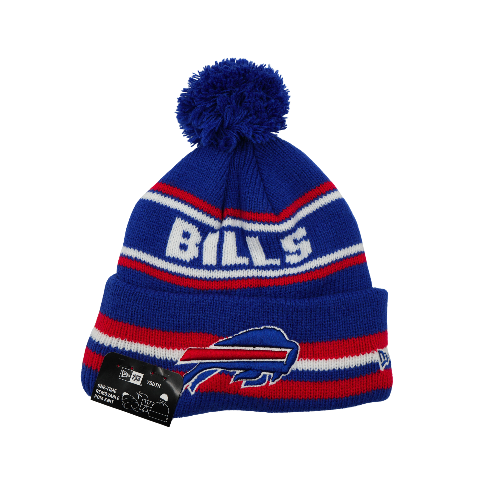 Youth New Era Buffalo Bills Blue With Red & White Stripes Knit Pom