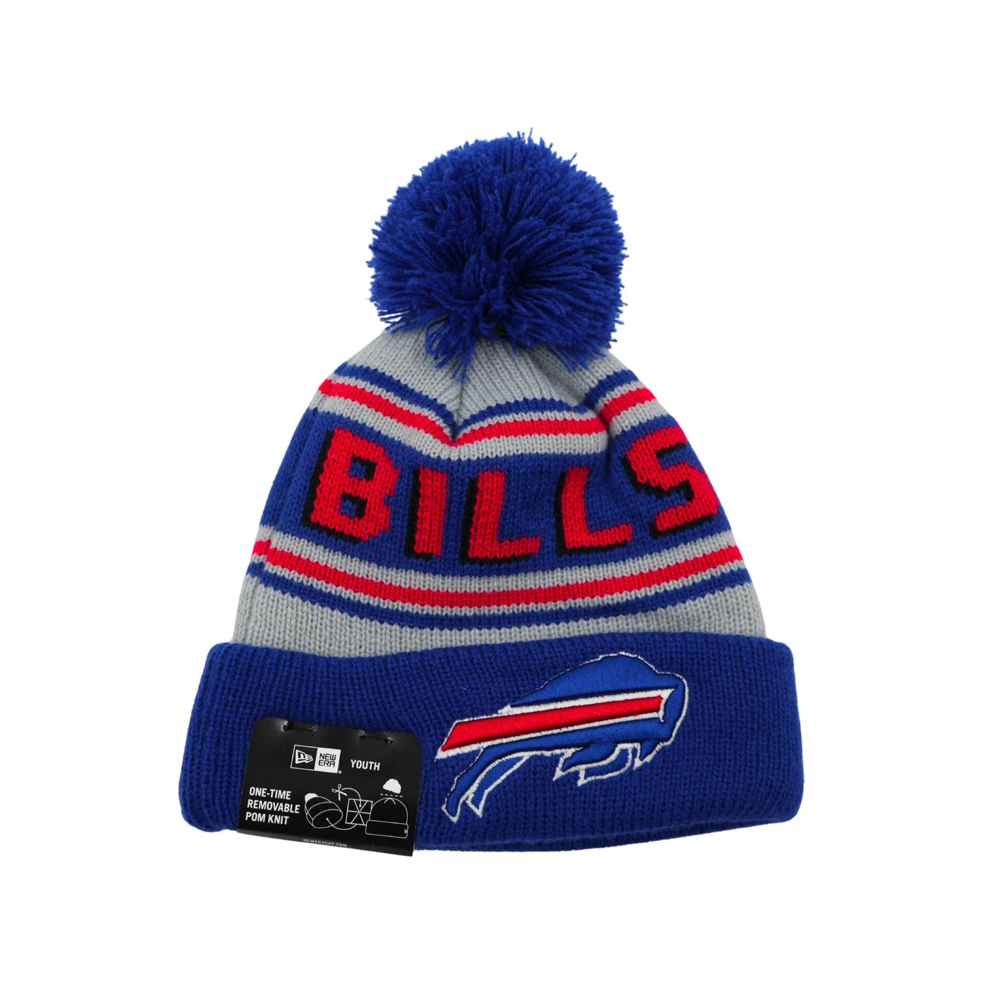 Youth New Era Buffalo Bills Gray With Blue & Red Stripes Knit Pom