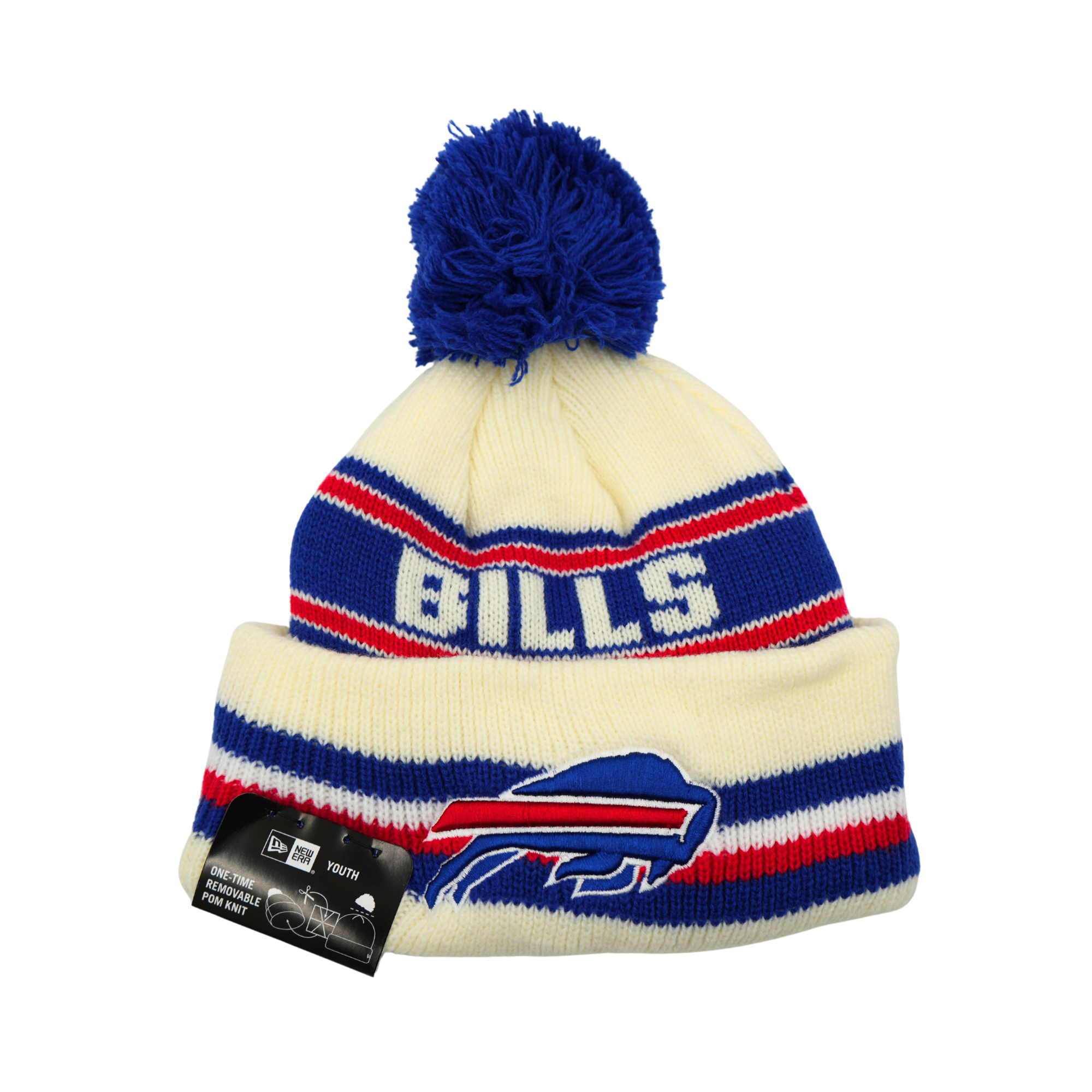 Youth New Era Buffalo Bills White With Blue & Red Stripes Knit Pom