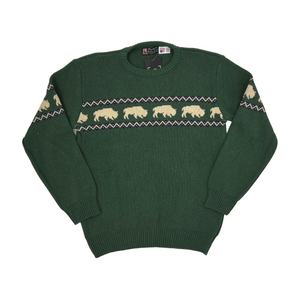 Green Heavy Knit Pullover Sweater With Buffaloes & Navy Pattern
