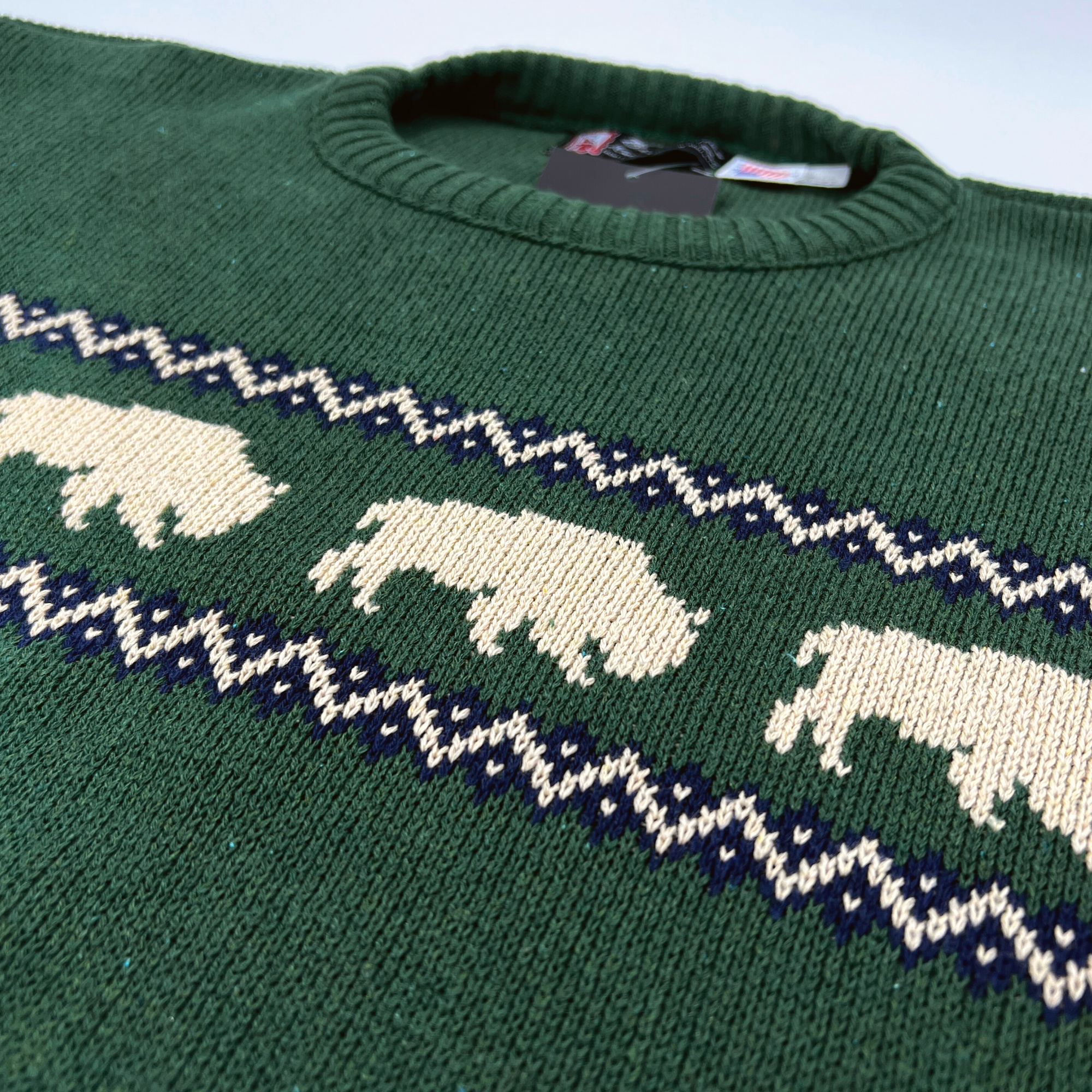 Green Heavy Knit Pullover Sweater With Buffaloes &amp; Navy Pattern