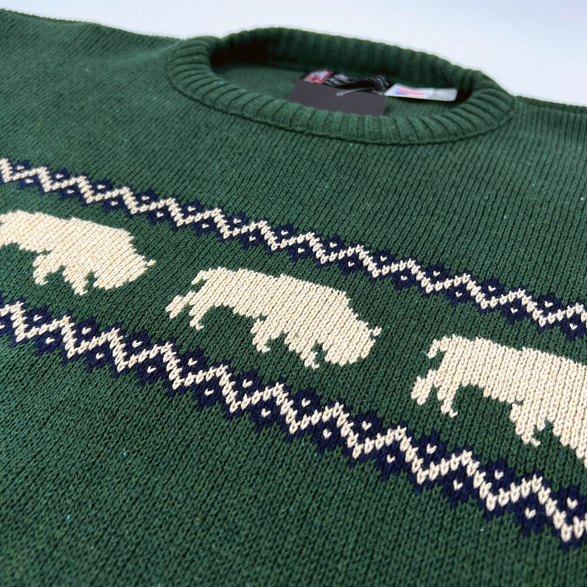 Green Heavy Knit Pullover Sweater With Buffaloes & Navy Pattern