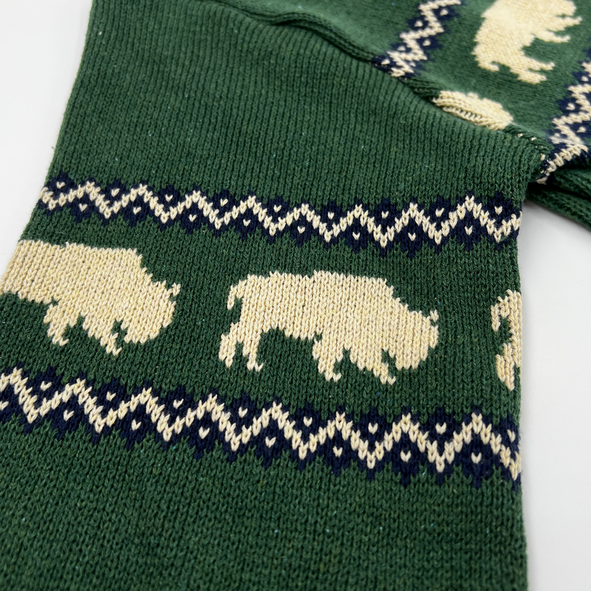 Green Heavy Knit Pullover Sweater With Buffaloes &amp; Navy Pattern
