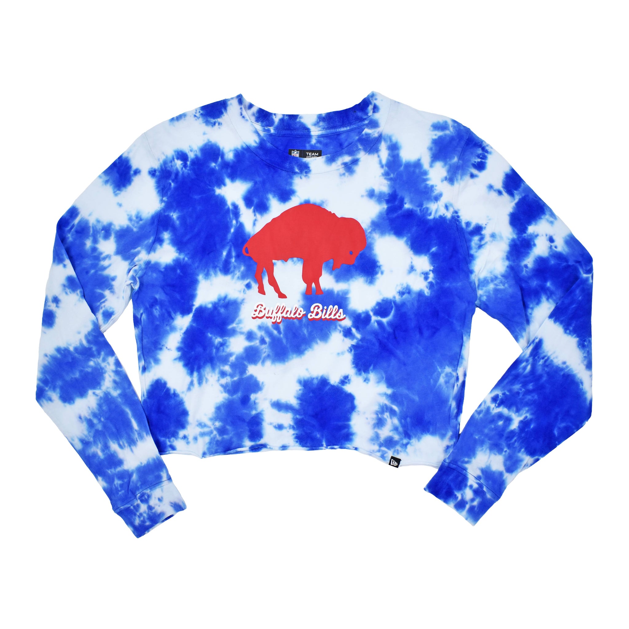 bflo store Women's Buffalo Bills Royal Blue With Standing Buffalo Tie Dye Crop Top Long Sleeve Shirt