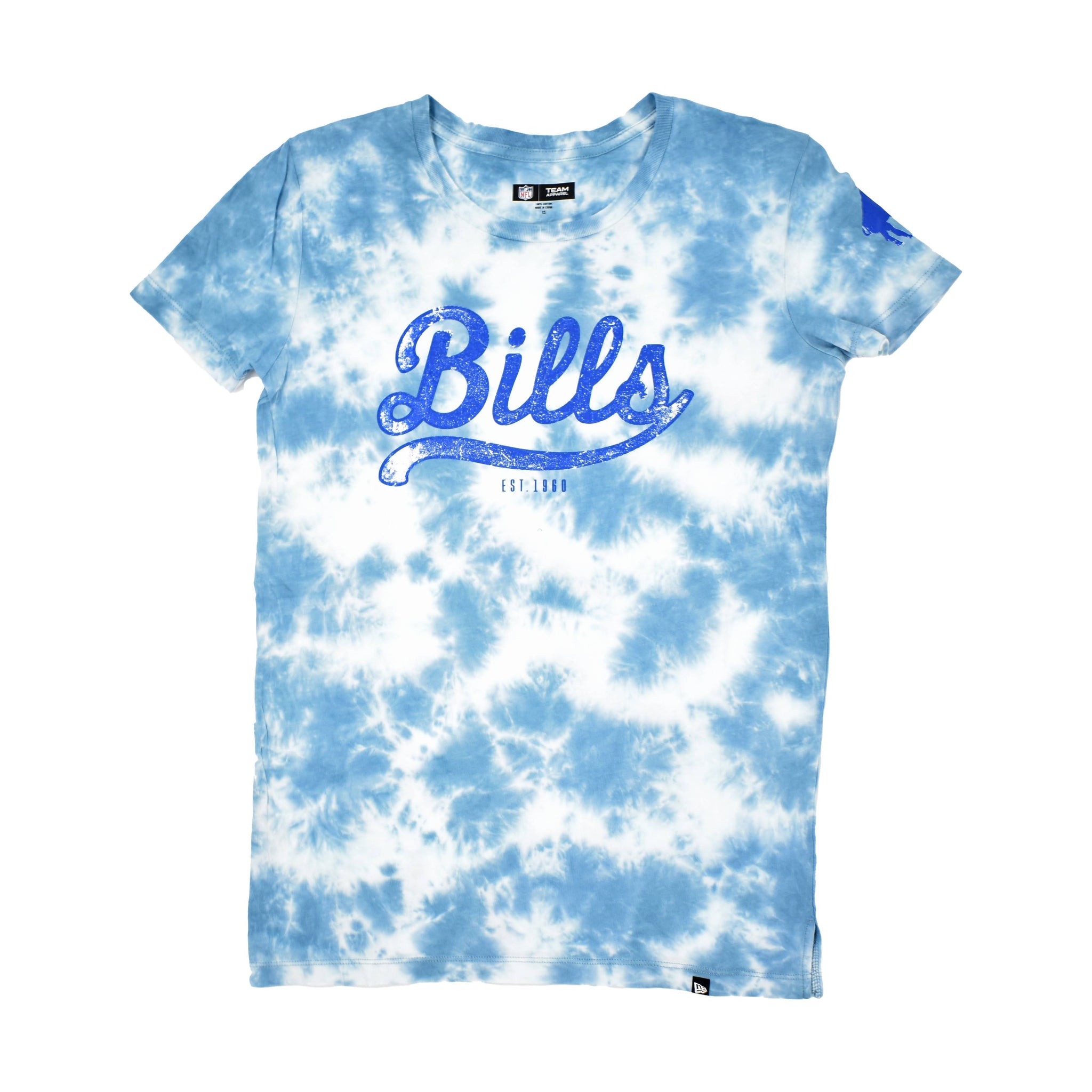bflo store Women's New Era Buffalo Bills Light Blue Tie Dye With Standing Buffalo Short Sleeve Shirt
