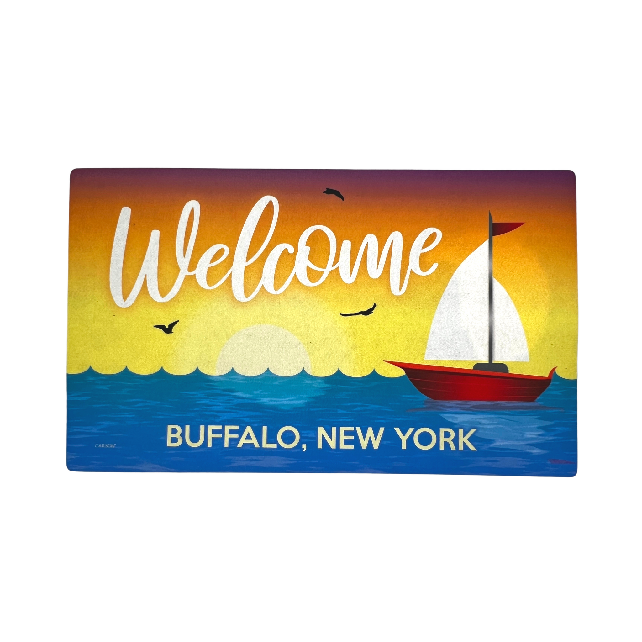 bflo store buffalo new york welcome door mat with lake sunset and sail boat