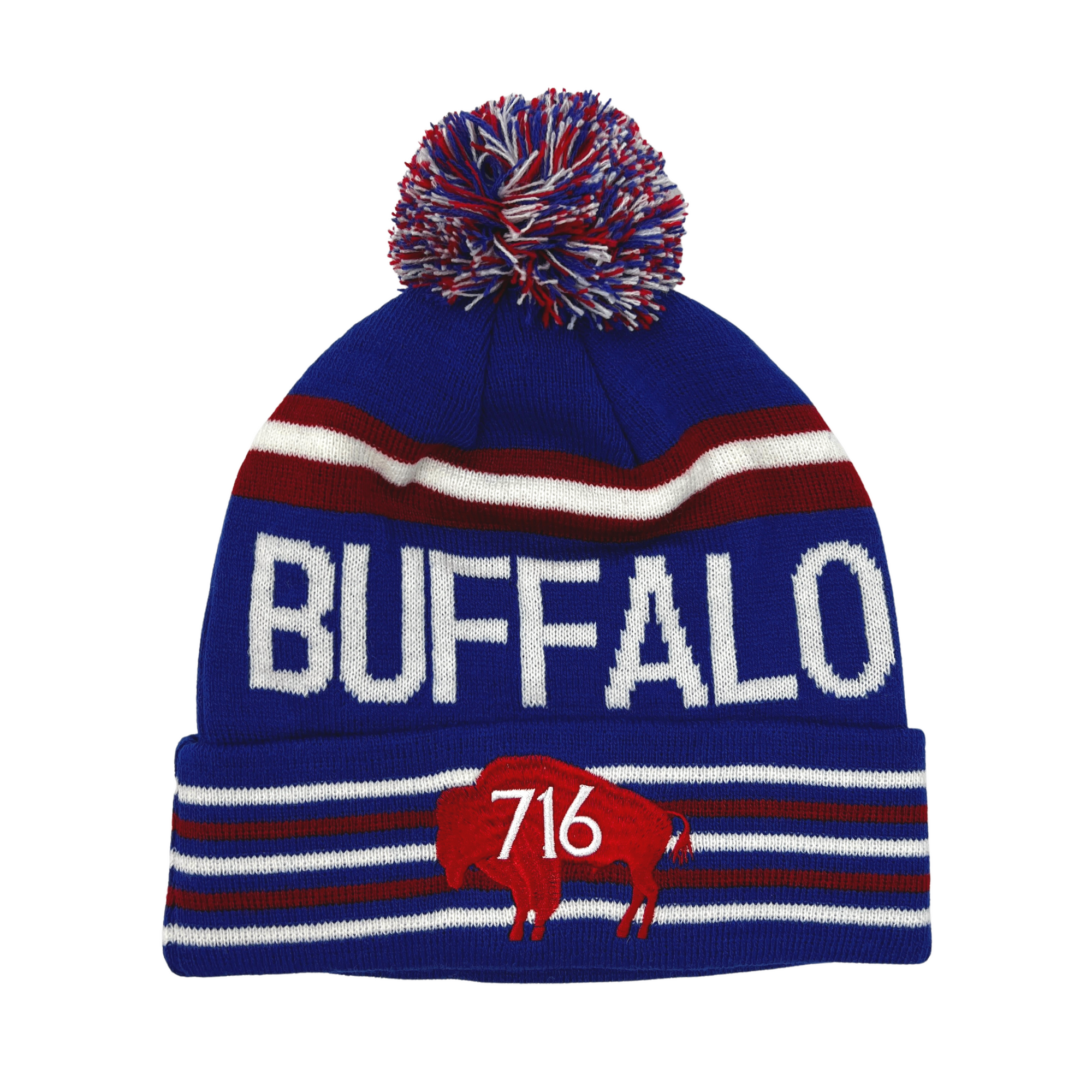 Red white and top blue bobble hat