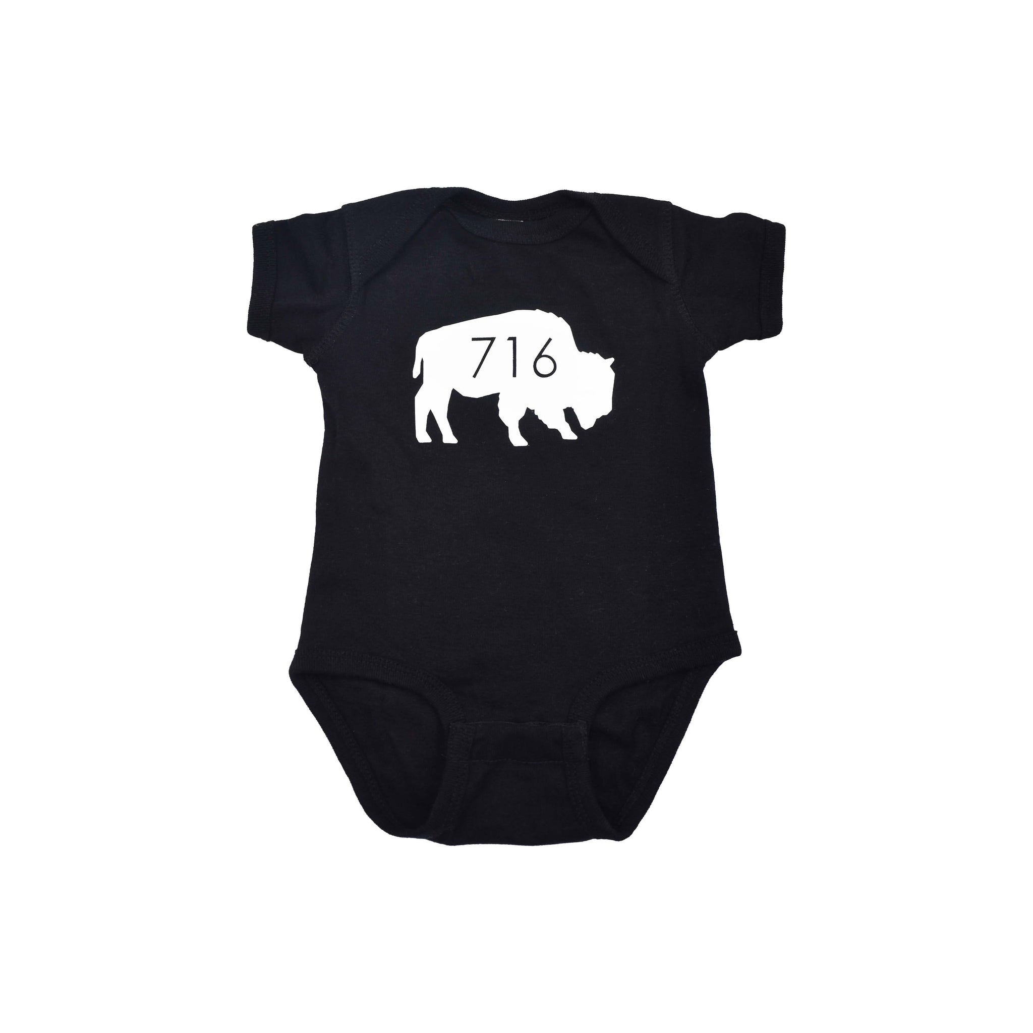 BFLO Buffalo 716 black colored baby onesie with white buffalo