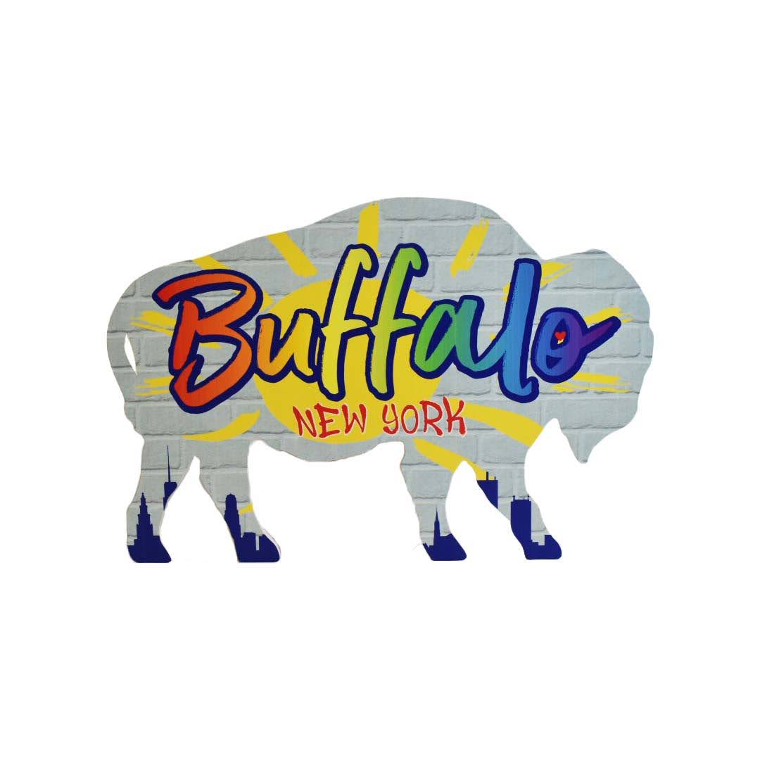 Buffalo Shaped Wooden Sign With Rainbow Script