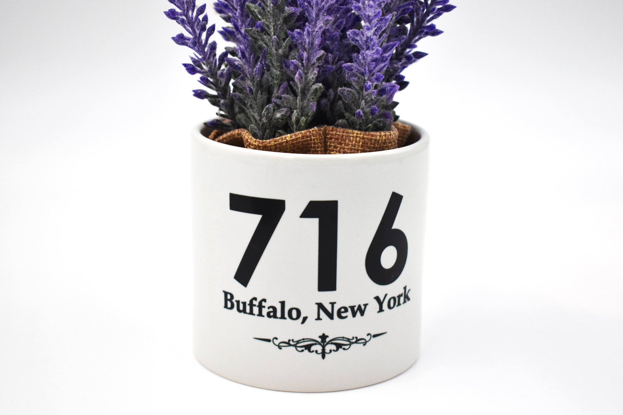 Buffalo, NY Purple Flowers With White Ceramic Pot Holder