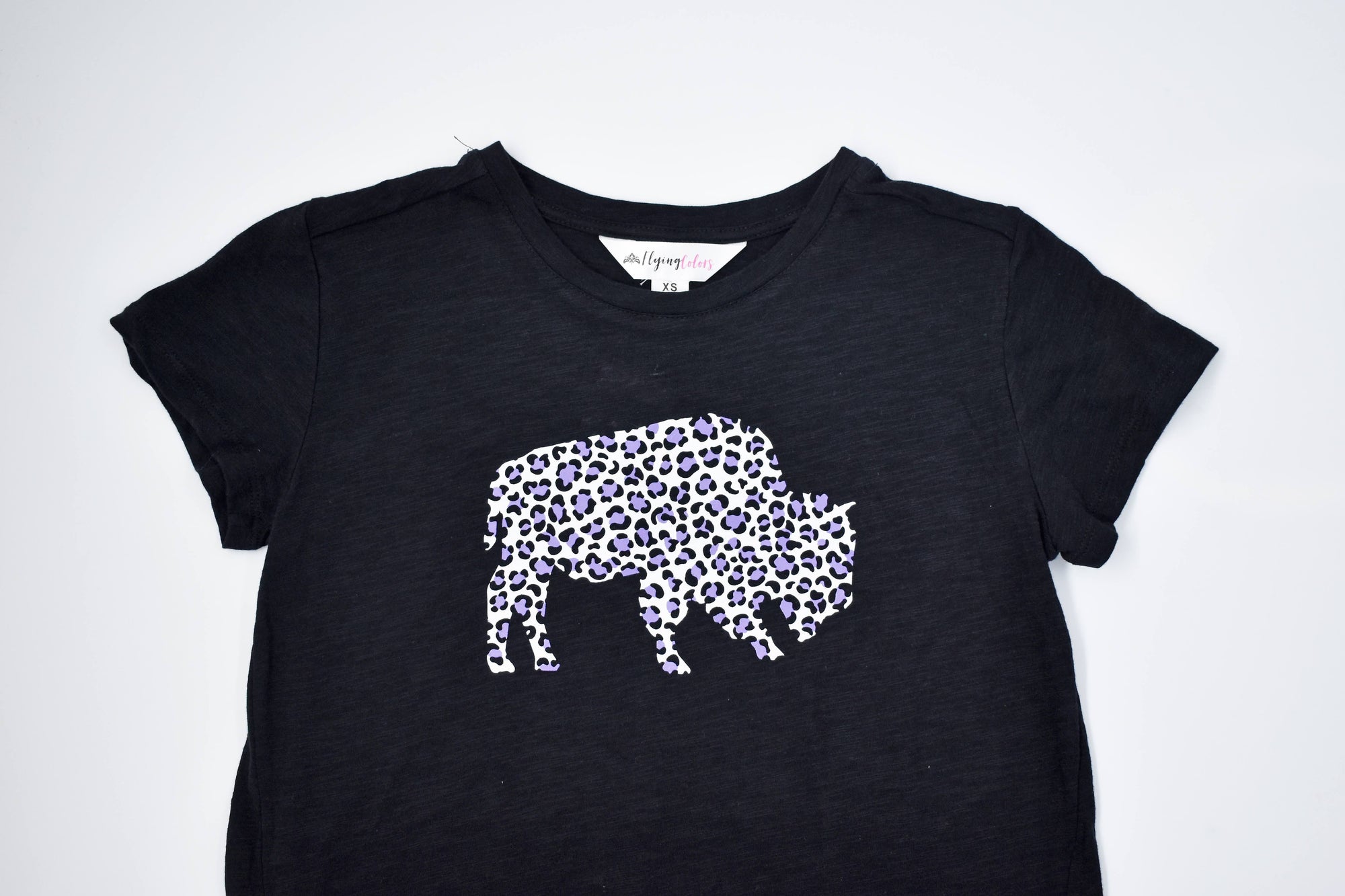 Women&#39;s BFLO With Purple Cheetah Print Buffalo Black Short Sleeve Shirt