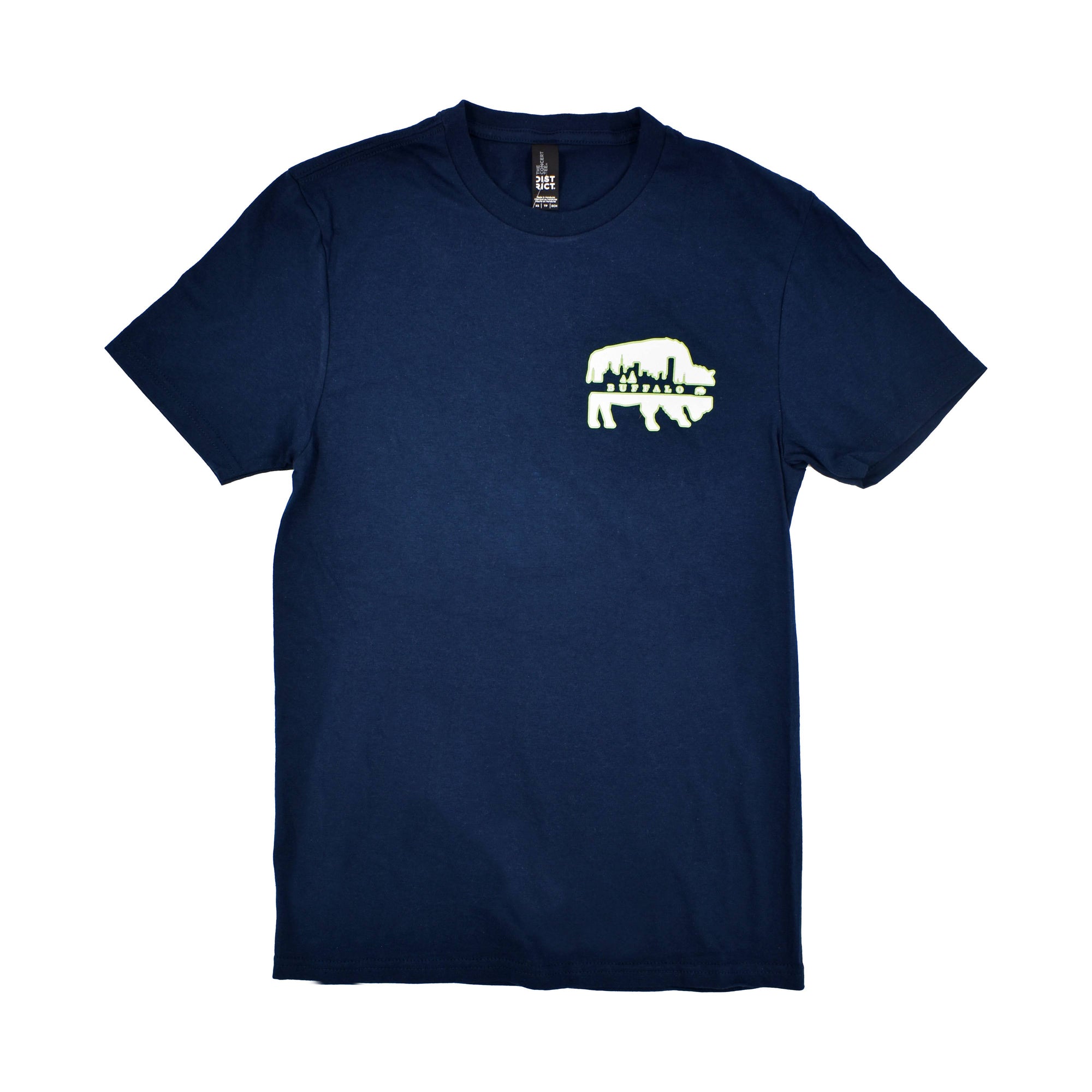 Buffalo BFLO navy blue skyline t shirt with lime green outlined buffalo