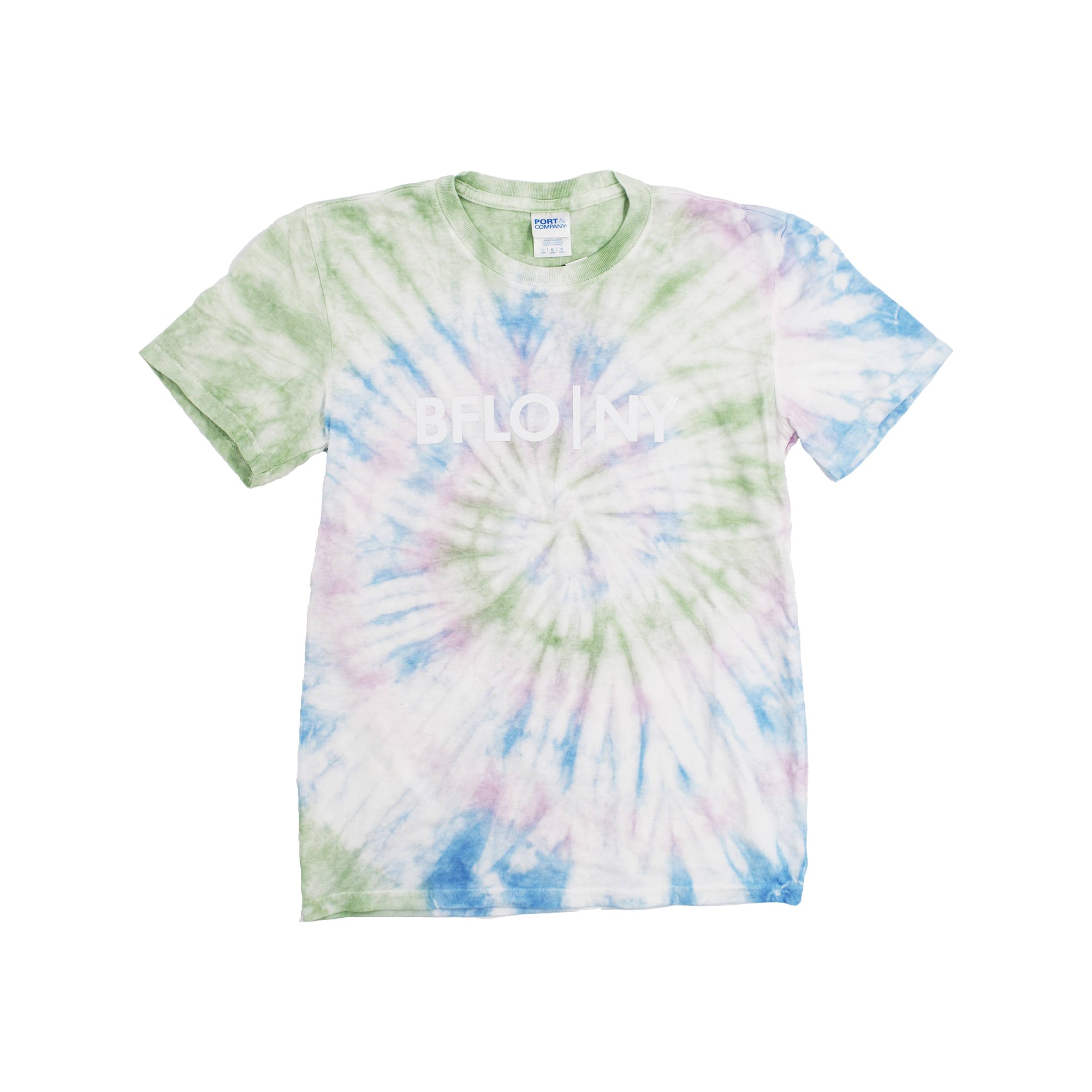 Buffalo BFLO NY youth short sleeve shirt with white green blue and red tie dye